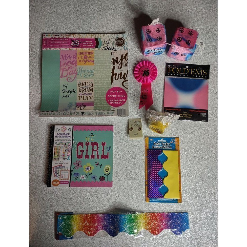 Girls Assorted Items, Fuzzy Dice, Scrapbook Paper,  Origami Paper, Earrings